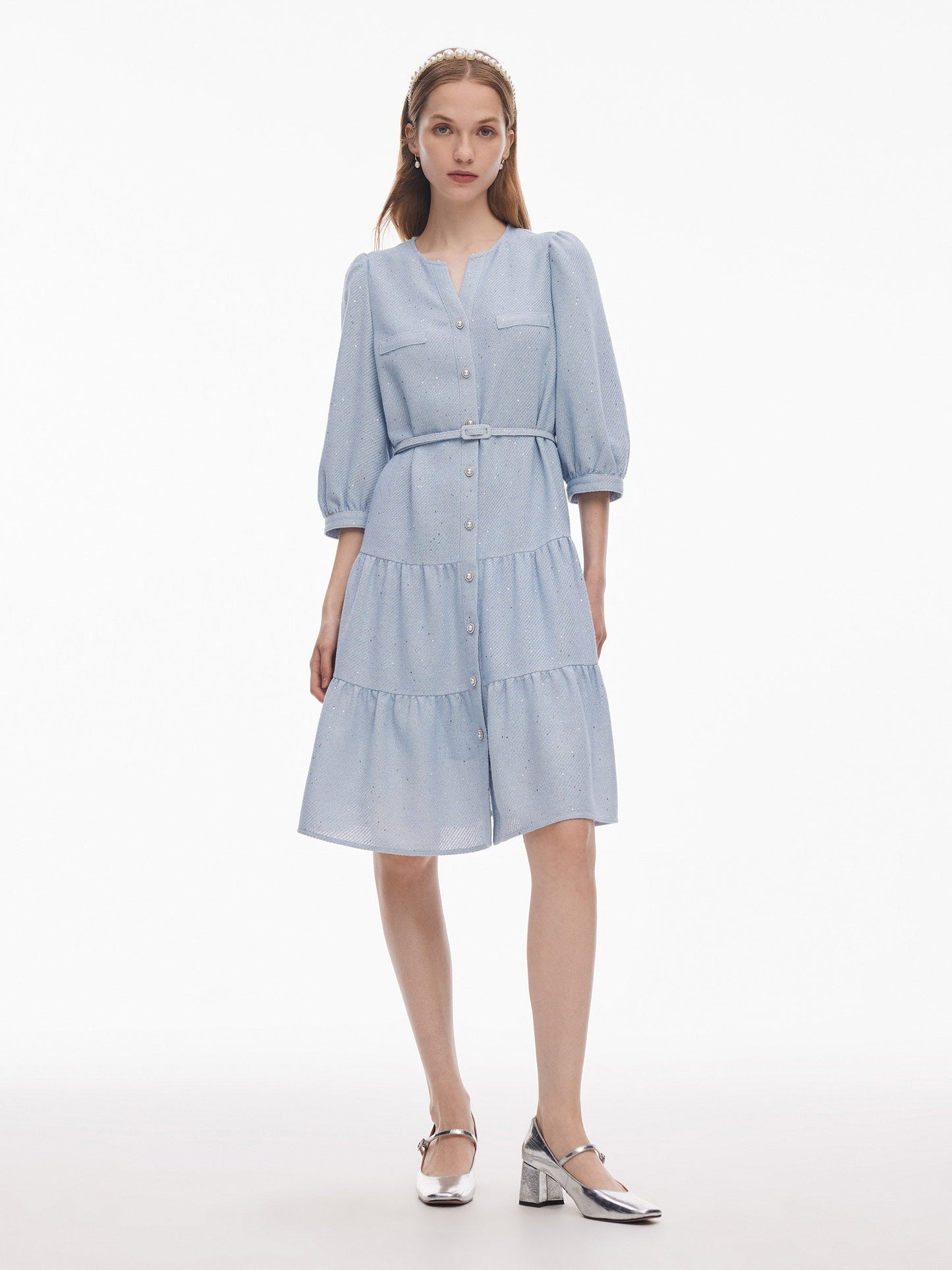 Acetate Blend Tweed Sequins Women Midi Dress With Belt