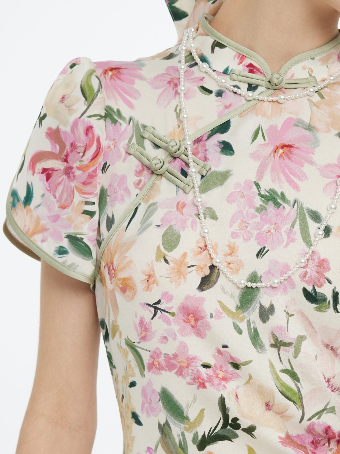 19MM Mulberry Silk Floral Print Side Twist Women Qipao Midi Dress