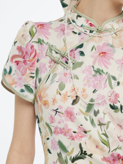 19MM Mulberry Silk Floral Print Side Twist Women Qipao Midi Dress
