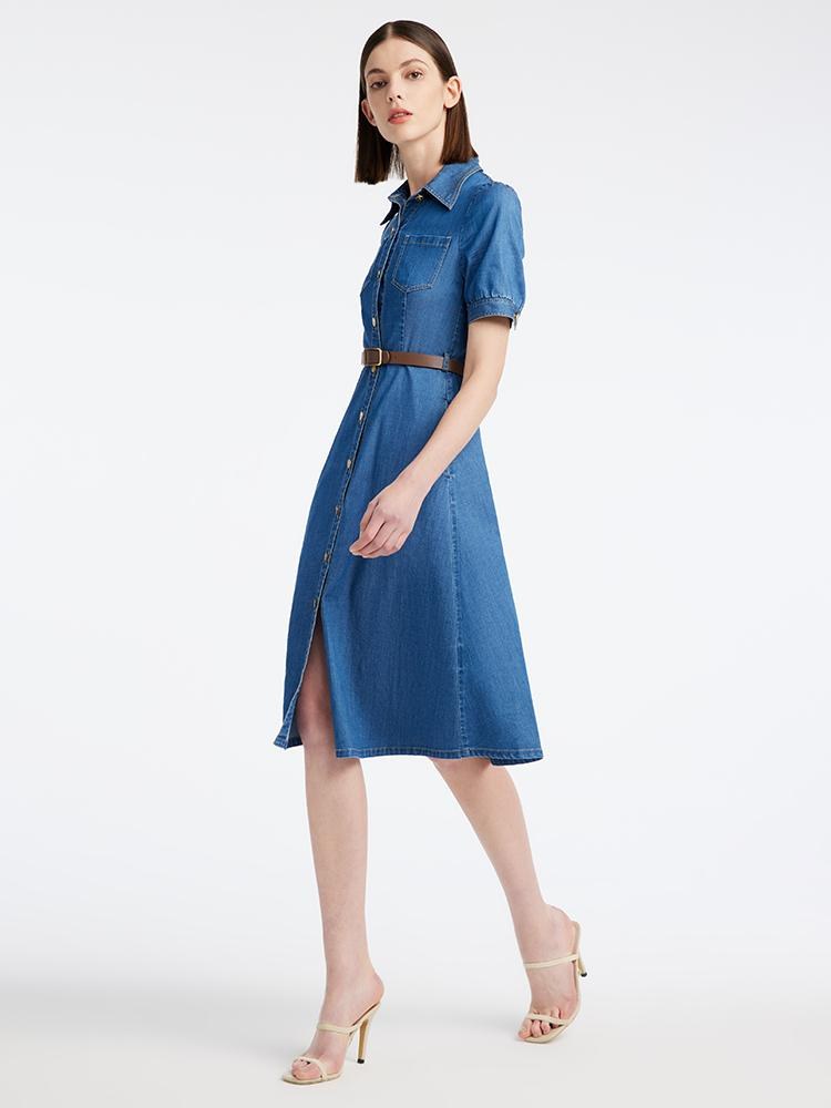 Tencel Denim Shirt Midi Collared Dress With Belt
