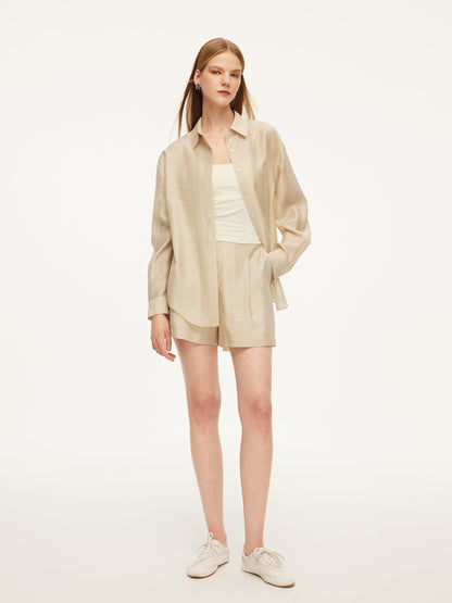 Tencel Acetate Linen Blend Women Sheer Oversized Shirt & Camisole Two-Piece Set