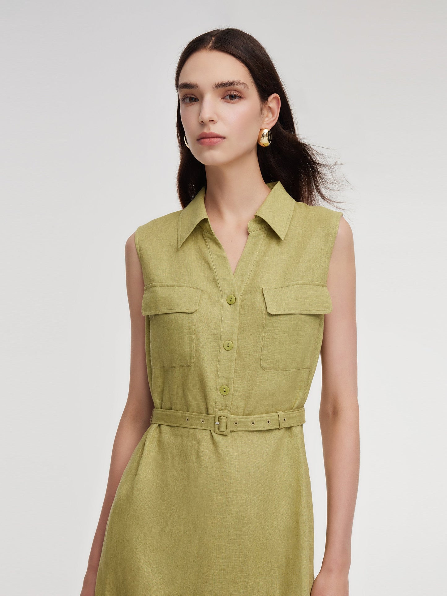 100% Linen Sleeveless Women Maxi Shirt Dress With Belt
