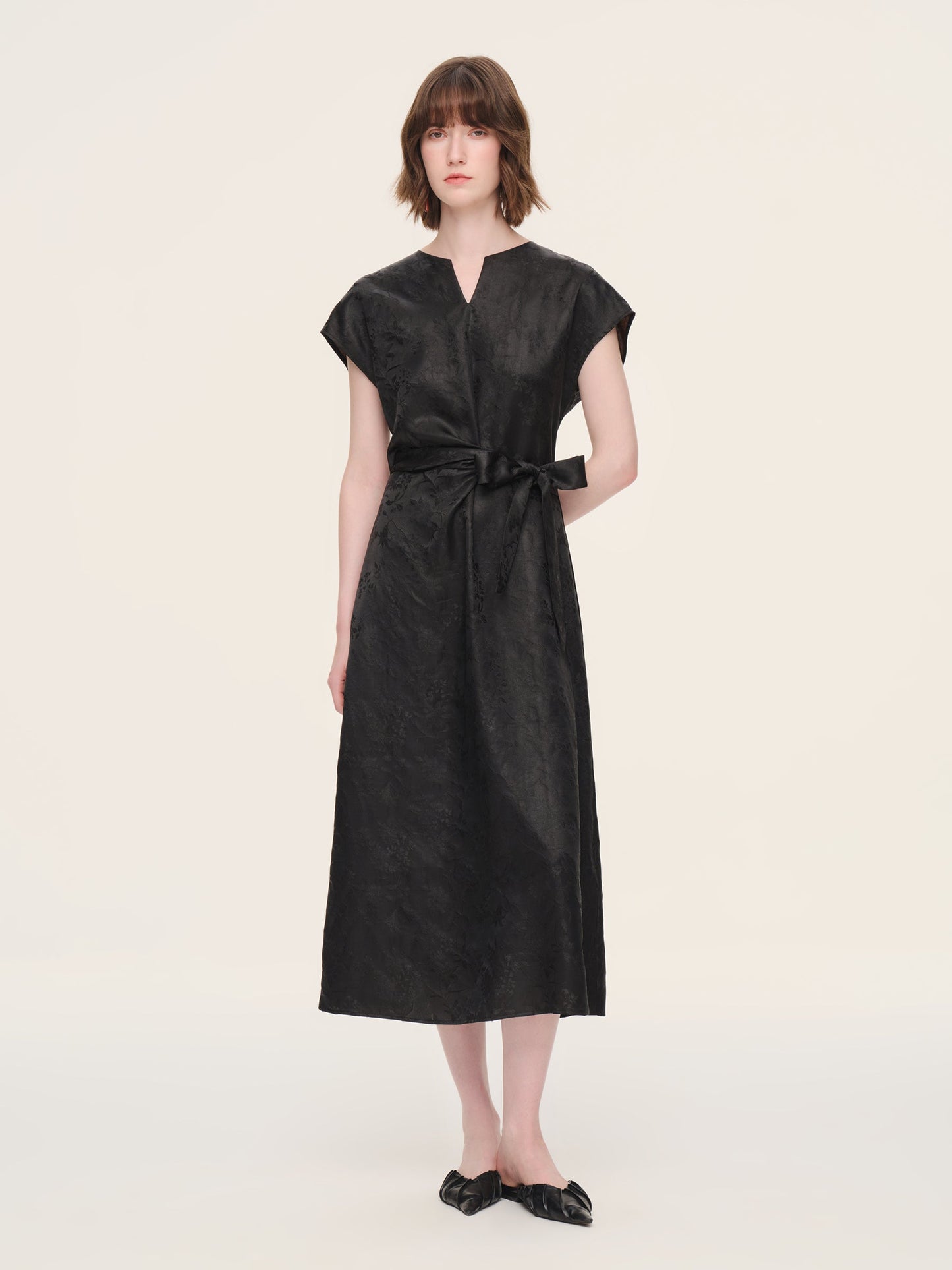 19MM Gambiered Canton Gauze Women Belted Maxi Dress With Scrunchie