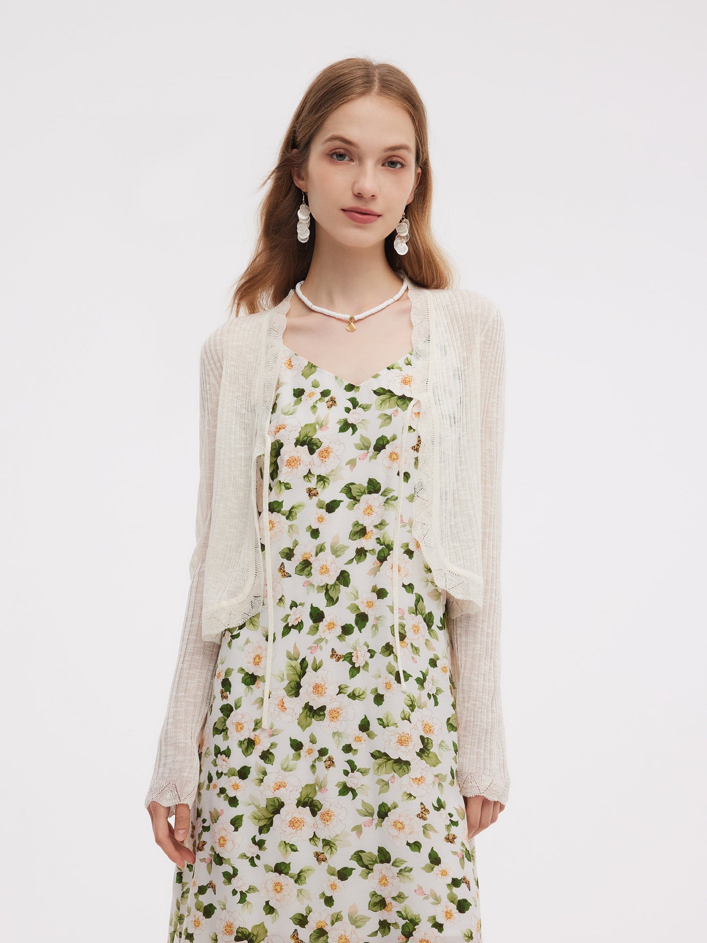 Wavy Trim Tie Front Women Cardigan