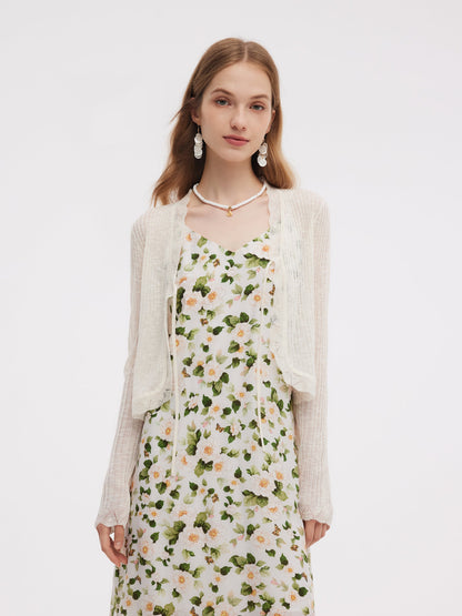 Wavy Trim Tie Front Women Cardigan