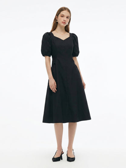 Cotton Blend Square Neck Women Puff Sleeve Midi Dress