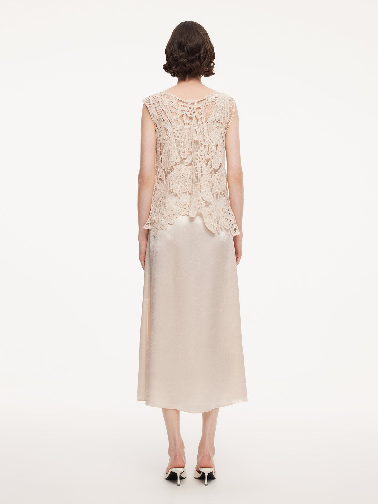 100% Acetate Openwork Crochet Tank Top And Slip Dress Two-Piece Set