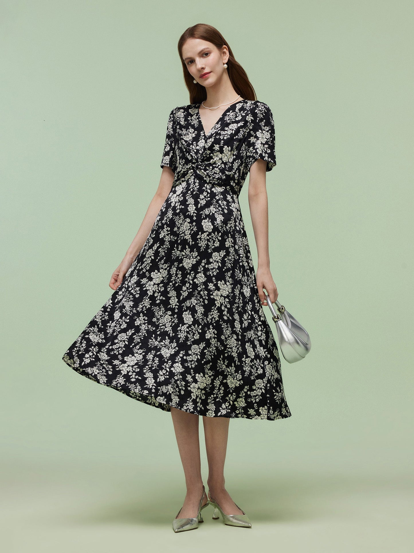 Floral Print Twist Front Women Midi Dress