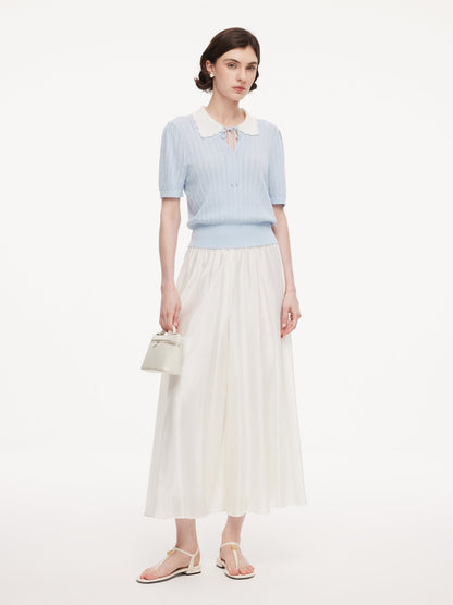 Tencel Blend Color Block Tie Front Women Openwork Knit Top