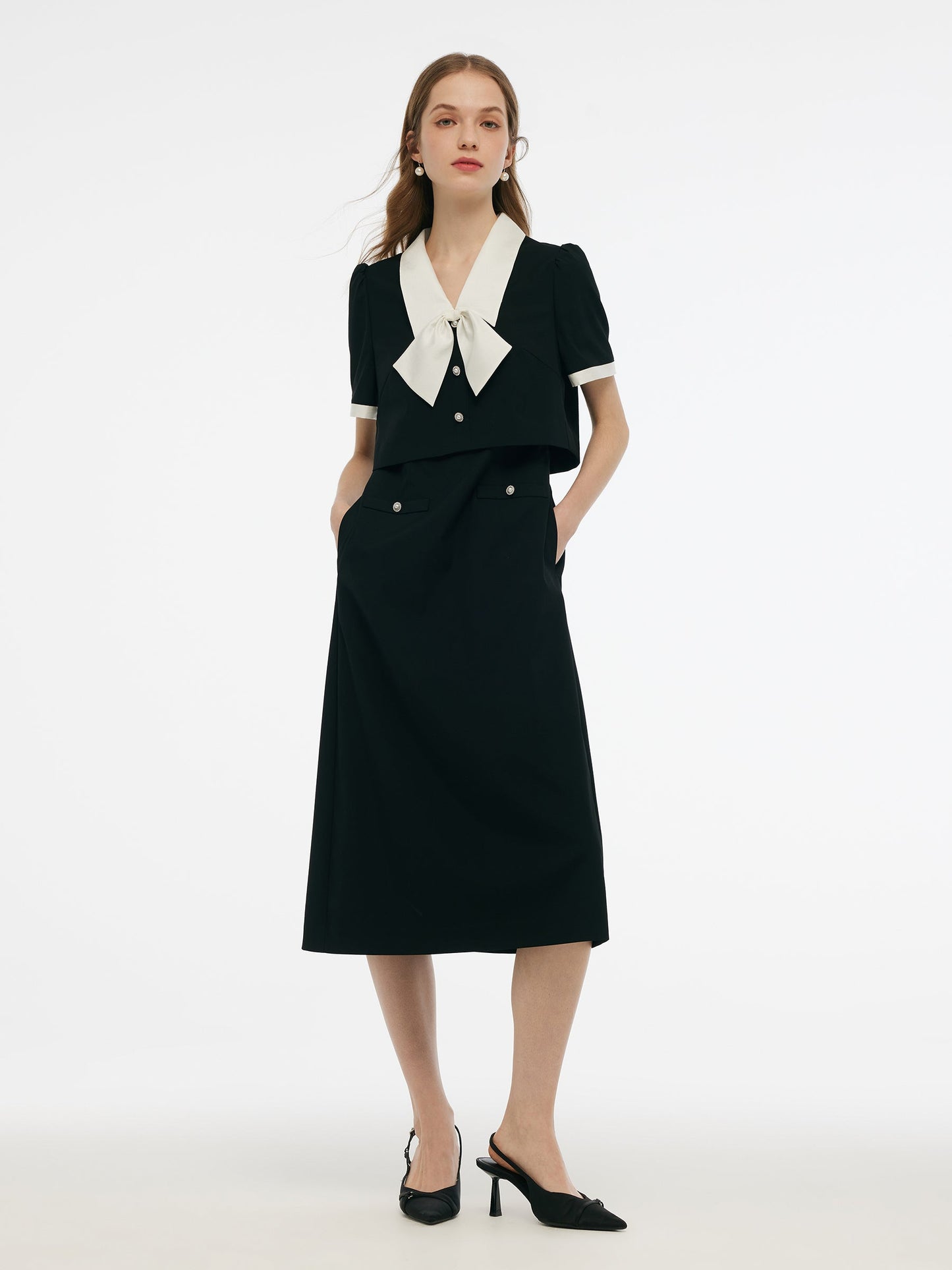 Faux Two-Piece Women Midi Dress With Detachable Bowknot