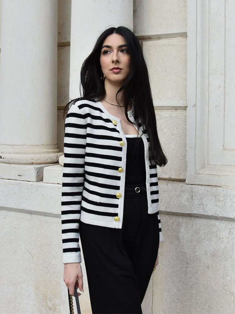 Button Up Woolen Striped Lady Cardigan