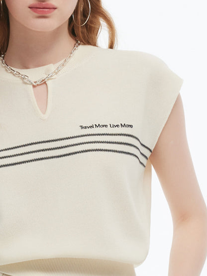 Tencel Blend Stripe Letter Print Women Cap Sleeve Knit Top