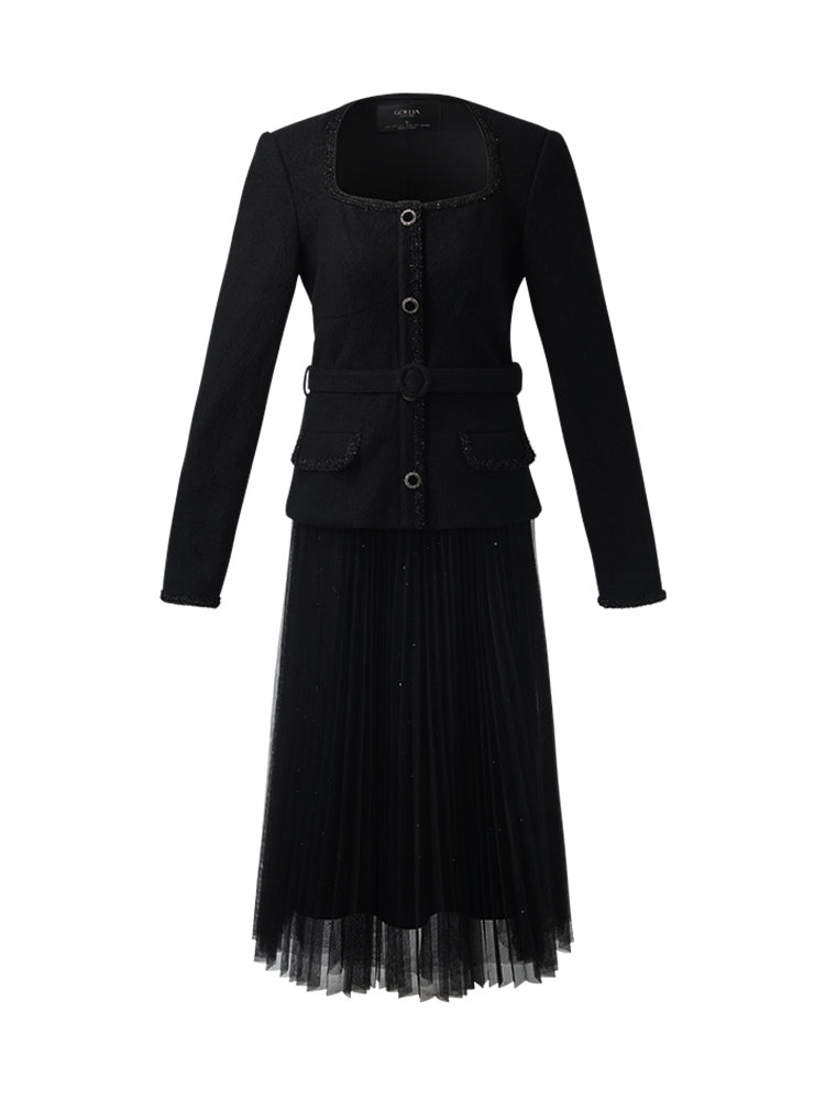 Wool Crop Jacket And Tulle Skirt Two-Piece Set With Belt