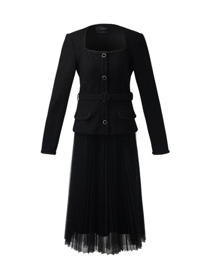 Wool Crop Jacket And Tulle Skirt Two-Piece Set With Belt