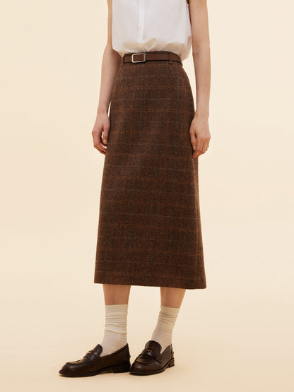 100% Wool Plaid Women Column Skirt