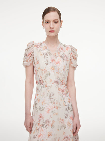 10MM Mulberry Silk Floral Print Women V-Neck Maxi Dress