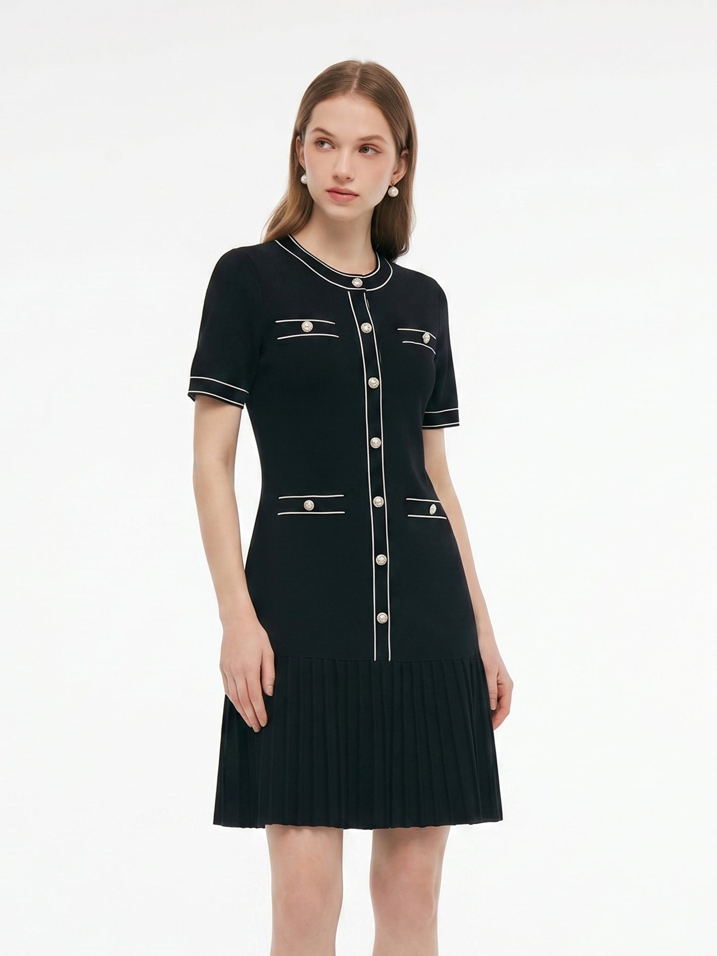 Tencel Blend Contrast Trim Women Pleated Hem Knit Mini Dress