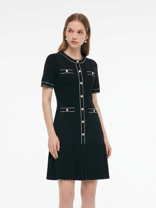 Tencel Blend Contrast Trim Women Pleated Hem Knit Mini Dress