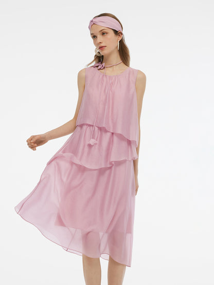 Ruffle Women Tiered Vest Midi Dress With Hairband And Bowknot Choker