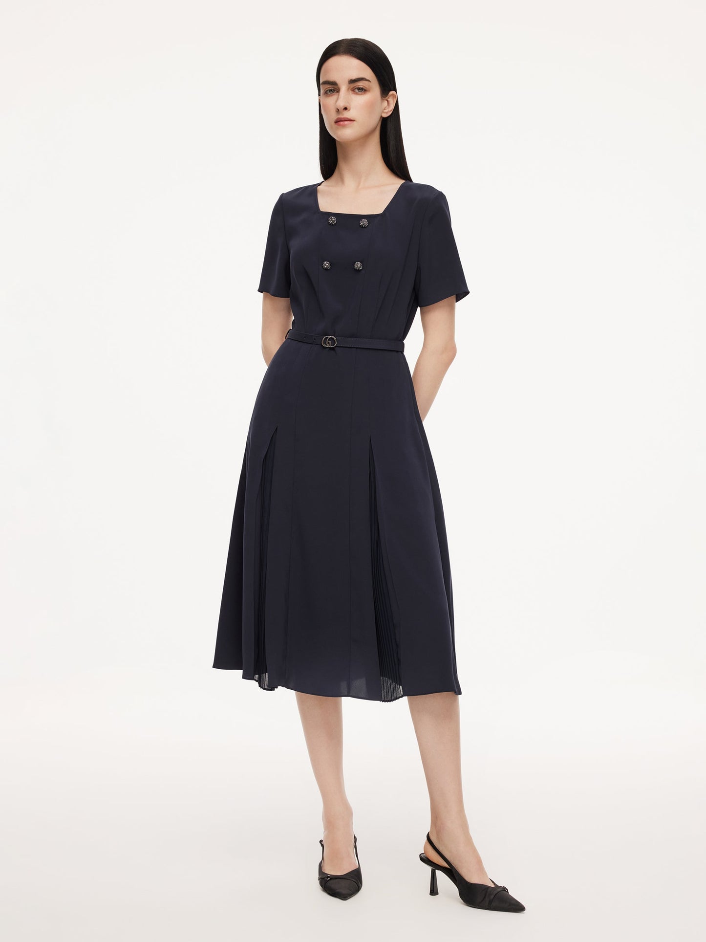 Triacetate Blend Square Neck Women Midi Dress With Belt