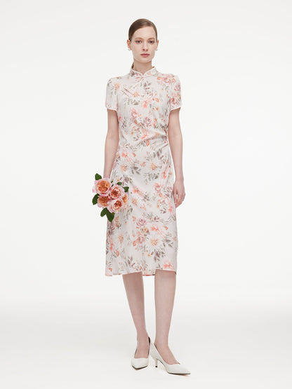 19MM Mulberry Silk Floral Print Women Qipao Midi Dress