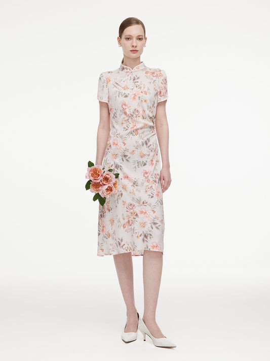19MM Mulberry Silk Floral Print Women Qipao Midi Dress