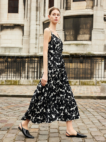 19 Momme Mulberry Silk Iris Print Women Maxi Spaghetti Strap Dress With Scrunchie
