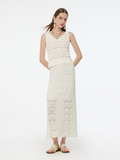 Linen Cotton Blend Women Side Slit Openwork Skirt