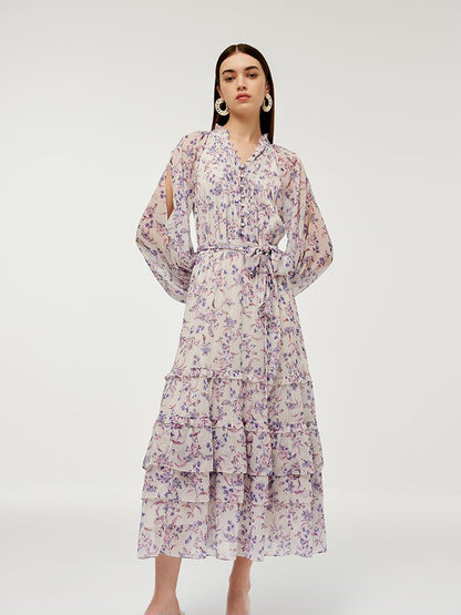 Floral Print Tiered Women Maxi Dress With Belt