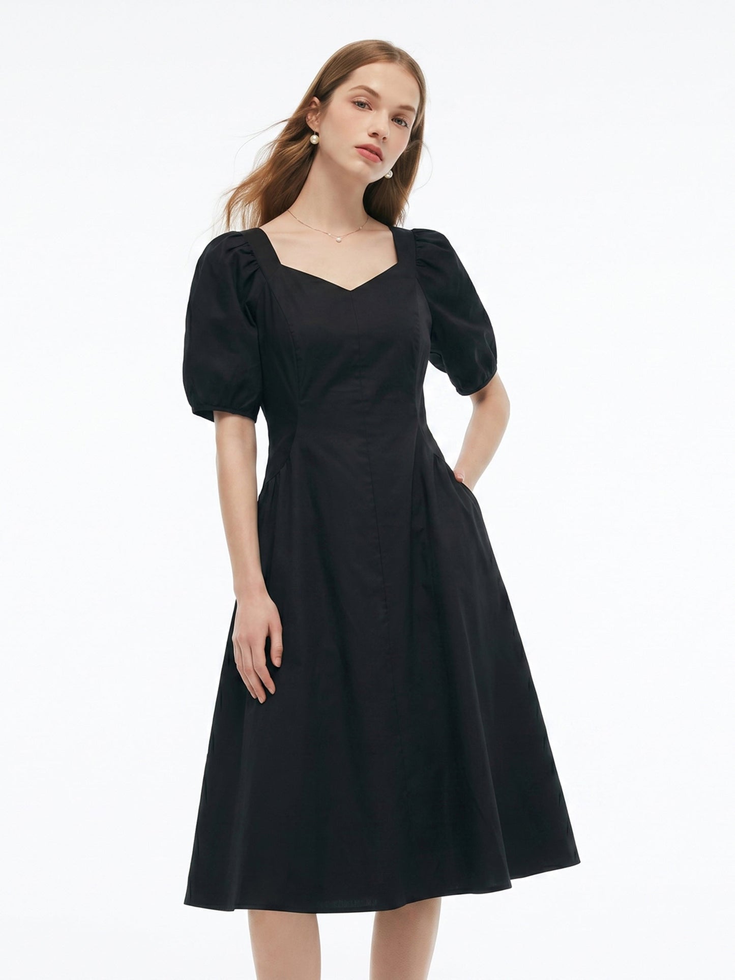 Cotton Blend Square Neck Women Puff Sleeve Midi Dress