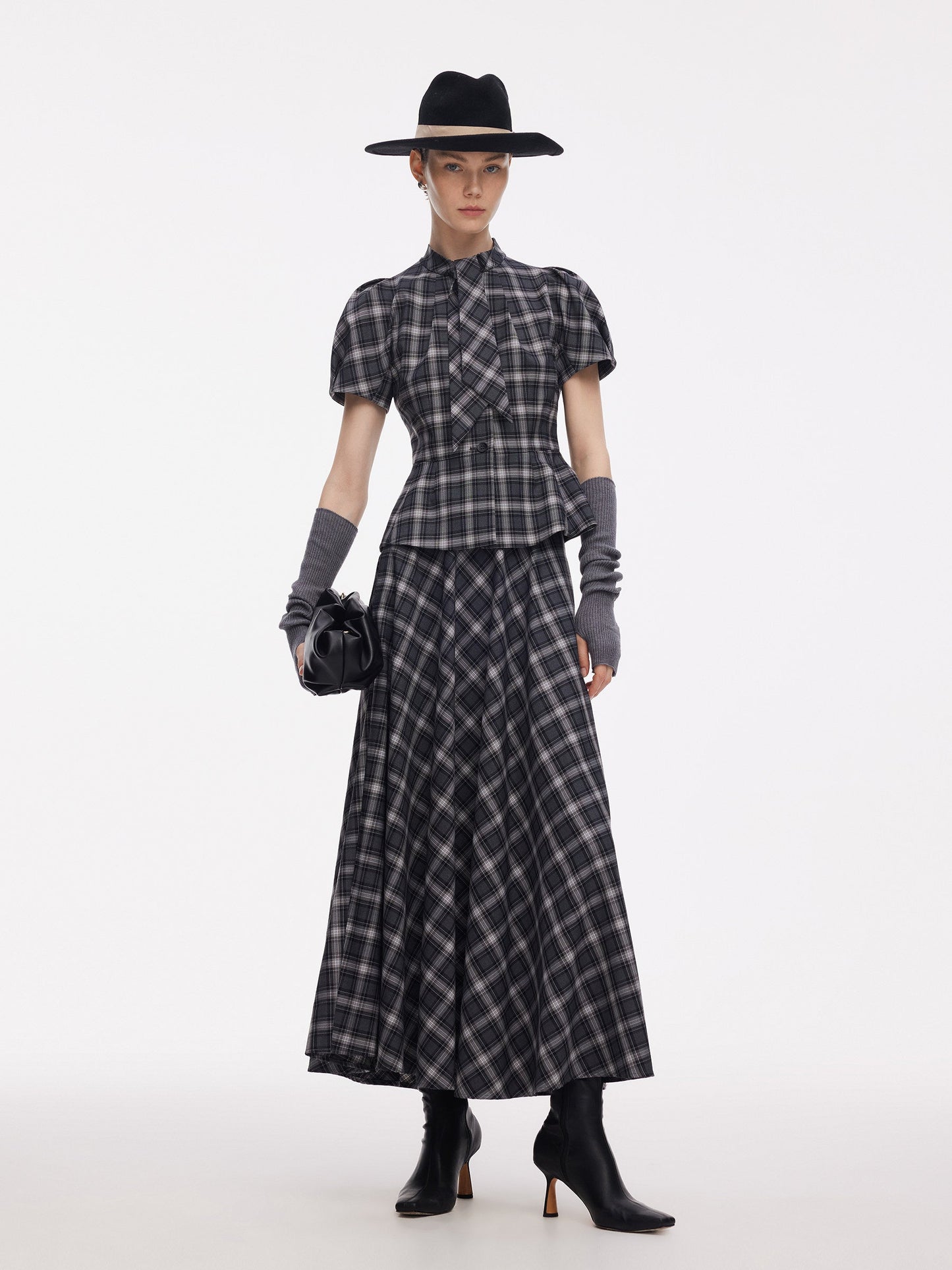 Plaid Ribbon Tie Women Flare Hem Top