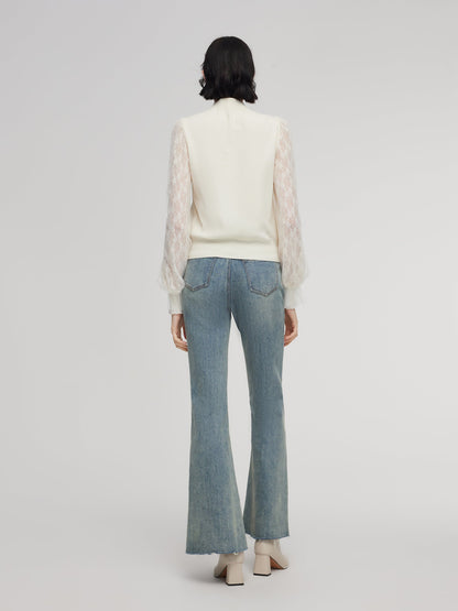 Tencel Wool Blend Lace Patchwork Women Knit Top