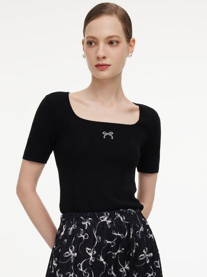 Lyocell Blend Bowknot Embroidered Women Square Neck Knit Top