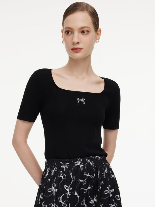 Lyocell Blend Bowknot Embroidered Women Square Neck Knit Top