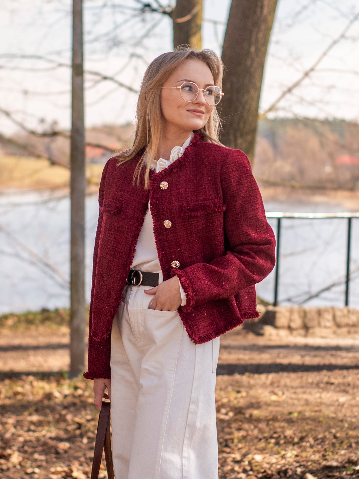 Wool Blend Tweed Sequins Fringe Trim Women Jacket