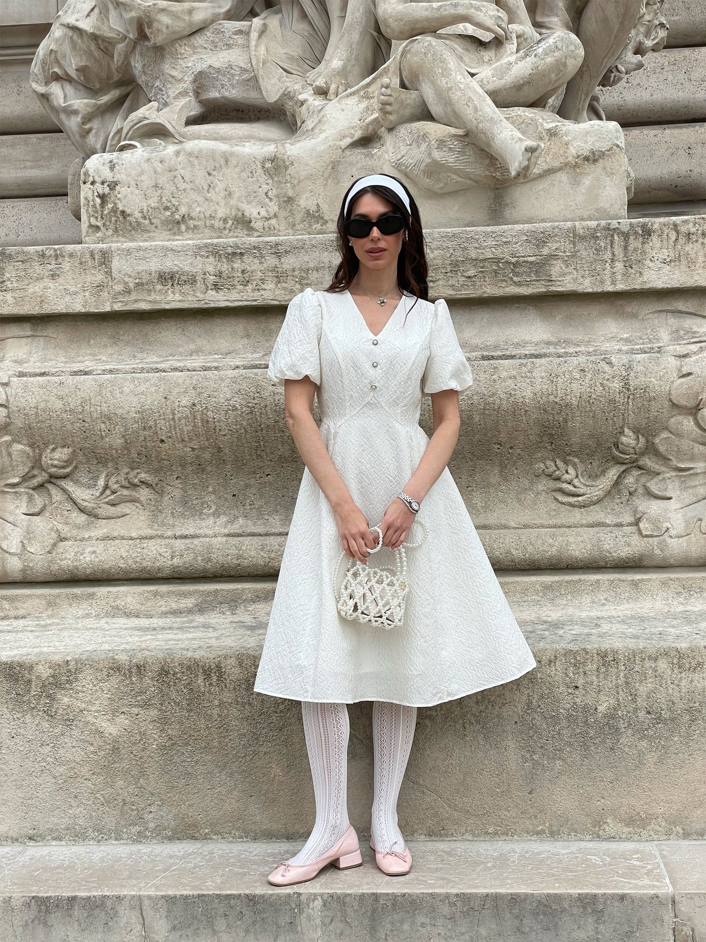 Jacquard Puff Sleeve Women Midi Dress