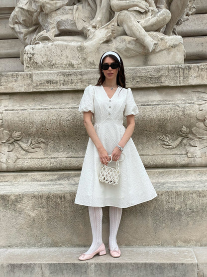 Jacquard Puff Sleeve Women Midi Dress