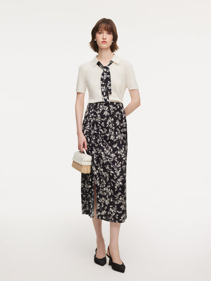 Tencel Blend Women Knit Top With Floral Print Scarf