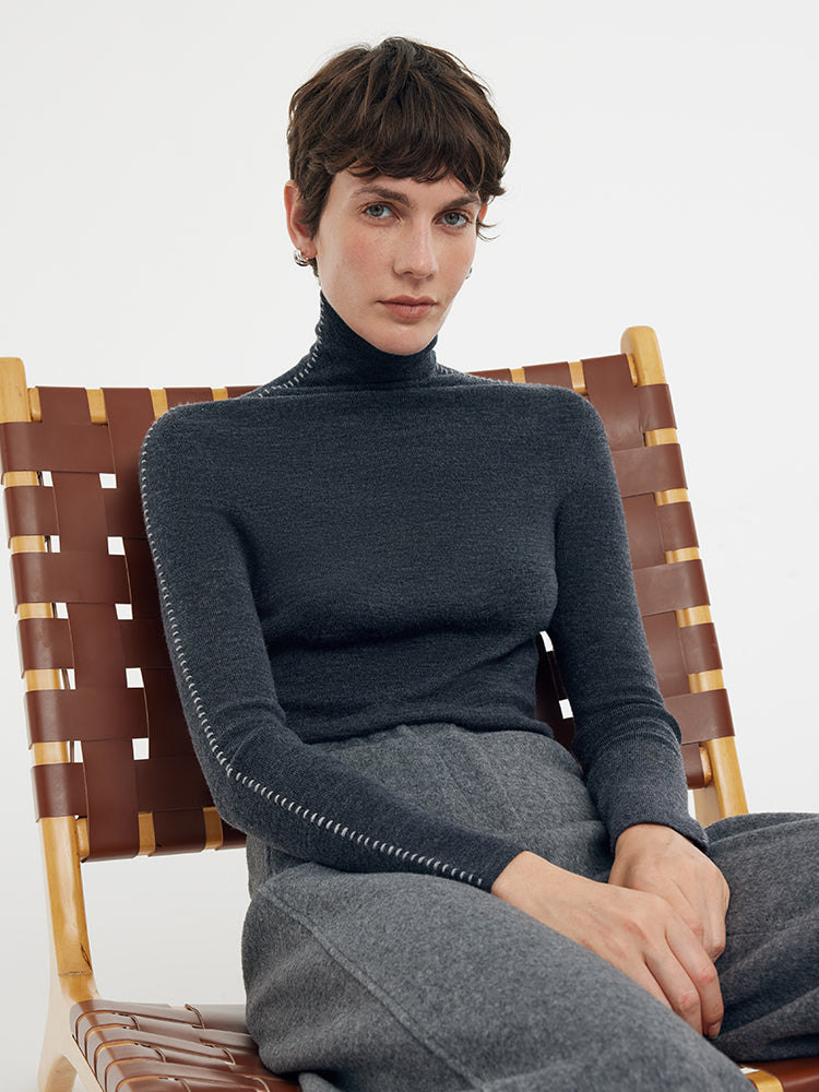 Machine Washable Wool Turtleneck Women Knit Top