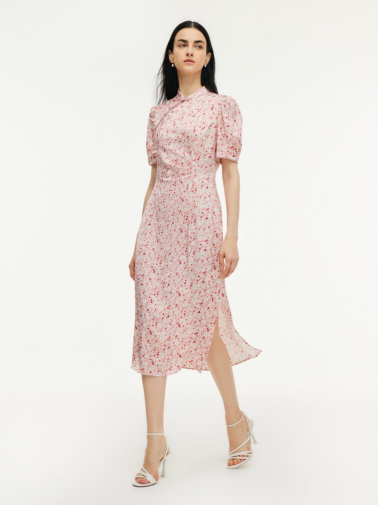 Floral Print Side Twist Women Qipao Midi Dress