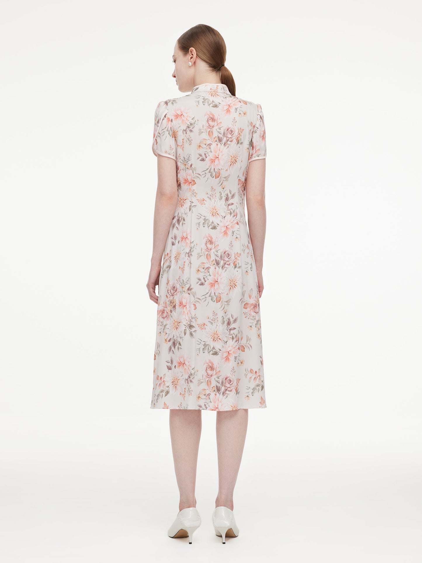 19MM Mulberry Silk Floral Print Women Qipao Midi Dress