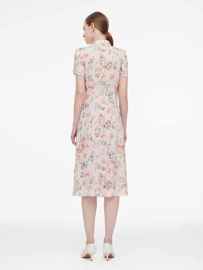 19MM Mulberry Silk Floral Print Women Qipao Midi Dress