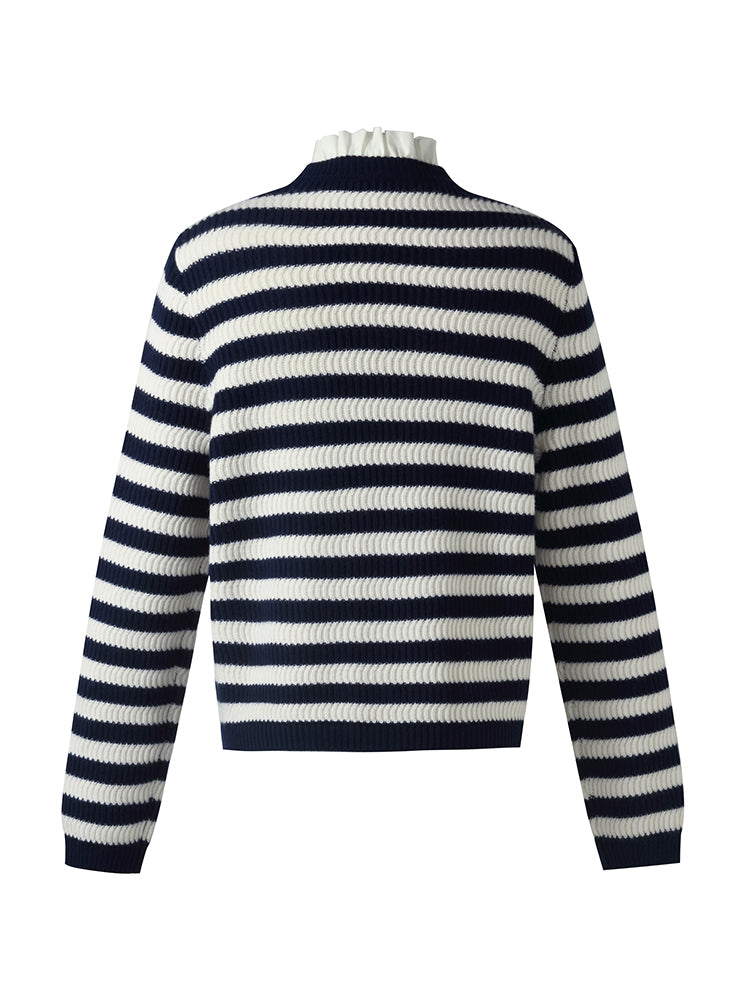 Blue And White Stripe Women Cardigan With Detachable Ruffle Collar