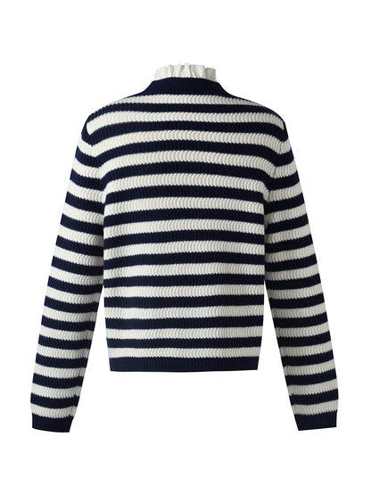 Blue And White Stripe Women Cardigan With Detachable Ruffle Collar