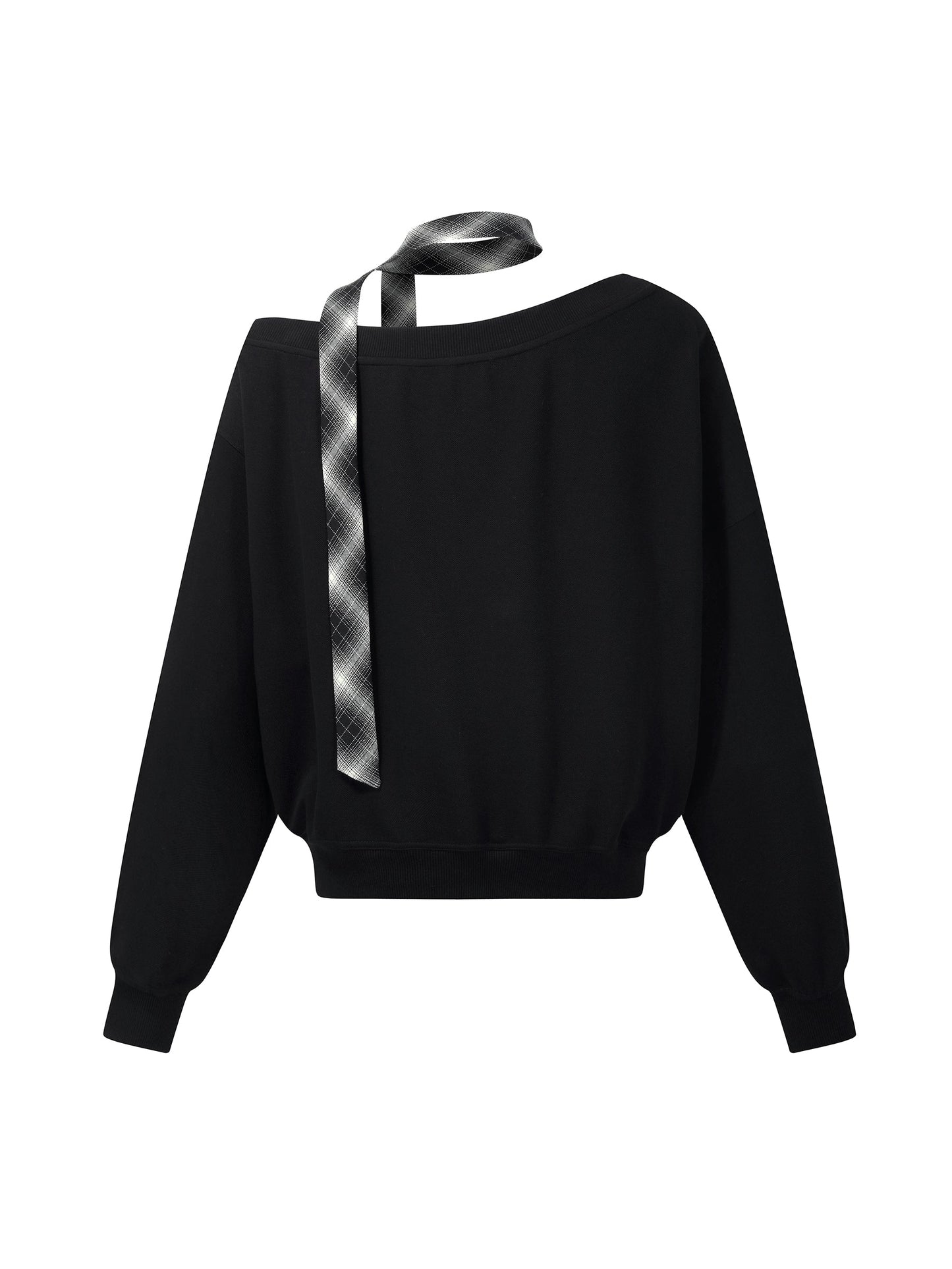 [Preview] Cotton Scuba One-Shoulder Women Sweatshirt With Plaid Ribbon