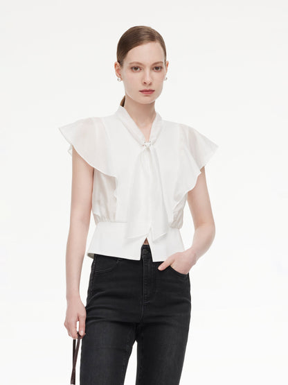 100% Cotton Ruffle Sleeve Women Blouse With Detachable Scarf Buckle