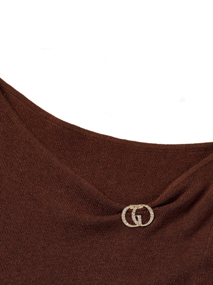 [Preview] Wool Blend Boat Neck Women Knit Top With GO Letter Clip