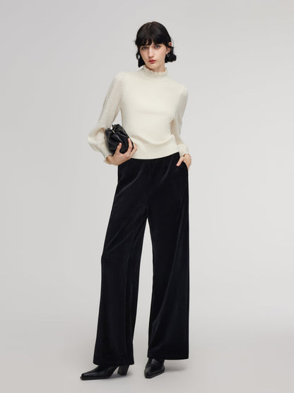Velvet Ribbed Knit Women Loose Straight Leg Pants