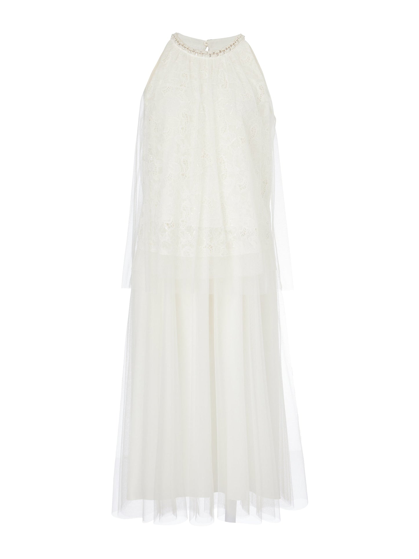 Lace Embroidered Sequins Halter Top And Mesh Skirt Two-Piece Set