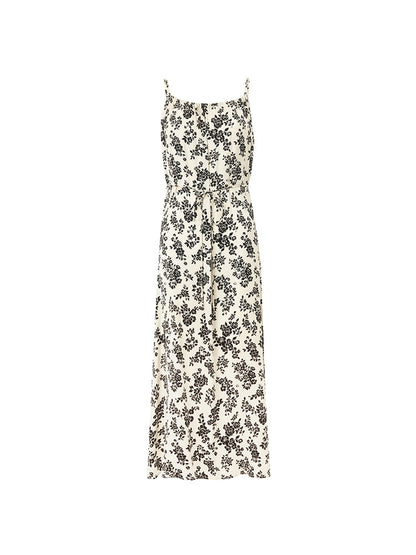 Camellia Print Spaghetti Strap Dress And Knitted Cardigan Two-Piece Set